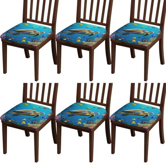 Sea Turtle Sjellyfish Seat Covers for Dining Room Chairs Set Of 6,Stretch Printed Washable Chair Seat Cover with Elastic Ties and Button,Removable Waterproof Couch Cushion Covers