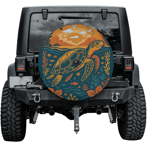 Sea Turtle Spare Tire Cover - Ocean Sunset, Marine Life Decor for Cars - Nature Beach Accessories