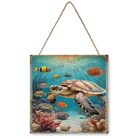 Sea Turtle Square Hanging Wooden Sign 12x12 Inches Rustic Sea Turtle Decor Rustic Summer Beach Artwork Sign for Bedroom Living Room Kitchen Dinning Room Bathroom Indoor