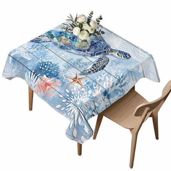 Sea Turtle Square Tablecloth Ocean Starfish Coral Waterproof Wrinkle Free Soft Table Cloth Spill-Proof Washable Table Cover for Dining Party Picnic 54 x 54 Inch