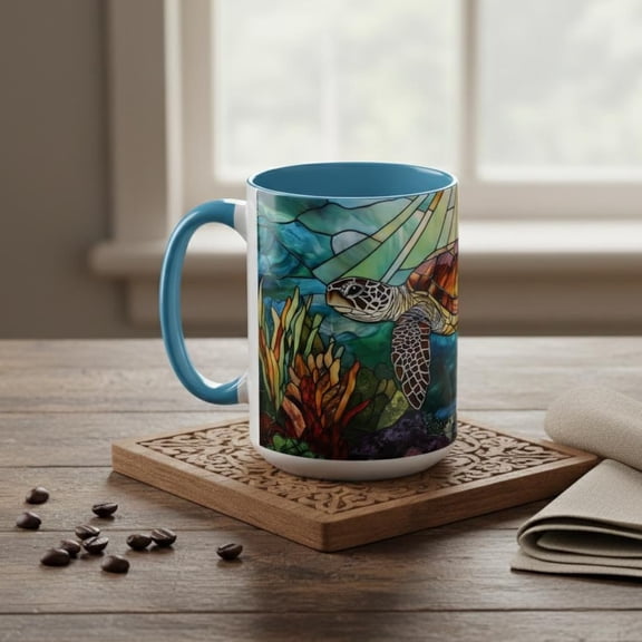 Sea Turtle Stained Glass Style Ceramic Coffee Mug, Coastal Kitchen Decor, Ocean Art Tea Cup, Beach House Gift for Turtle Lover 11oz 15 oz