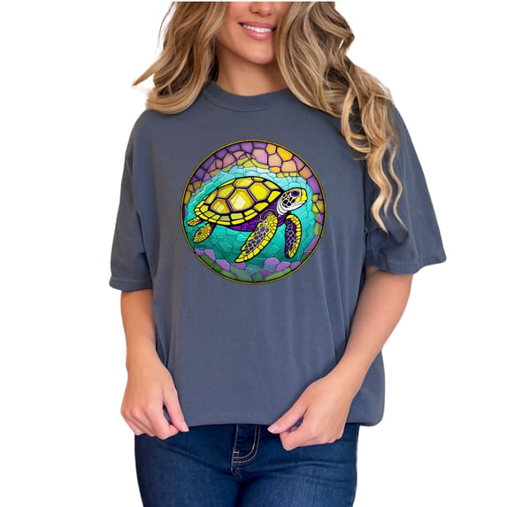 Sea Turtle Stained Glass Style T Shirt, Unique Ocean Life Graphic Tee, Colorful Turtle Print Shirt, Casual Summer Outfit, Denim Comfort Colors T-Shirt, Small