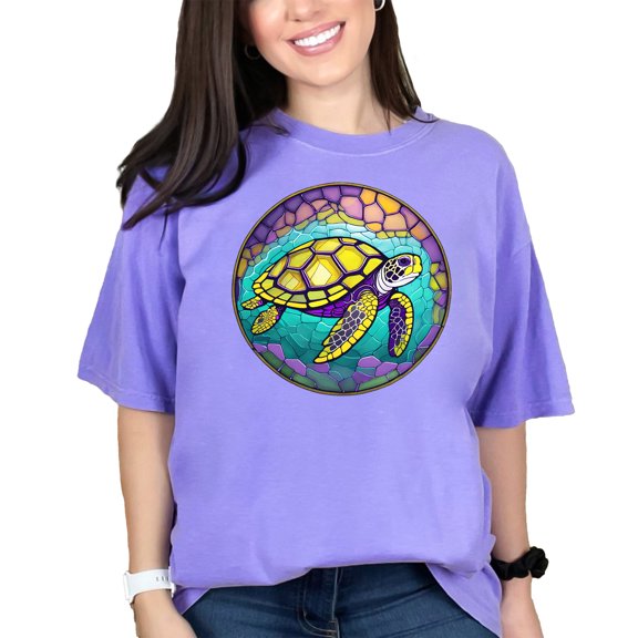 Sea Turtle Stained Glass Style T Shirt, Unique Ocean Life Graphic Tee, Colorful Turtle Print Shirt, Casual Summer Outfit, Violet Comfort Colors T-Shirt, Medium