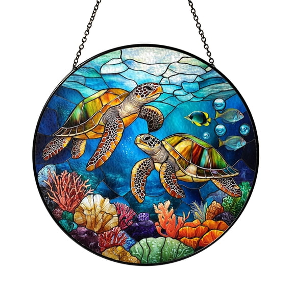 Sea Turtle Stained Glass Style Window Suncatcher Hanging Decor with Gold Tone Frame, Ocean Inspired Decorative Panel Ornament for Coastal Window Art and Beach Theme Home Decoration