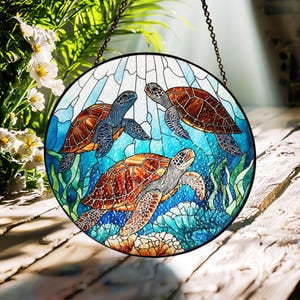 Sea Turtle Stained Glass Suncatcher: Nature Window Ornament, 3.5 in
