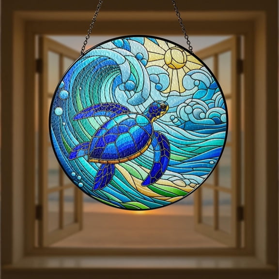 Sea Turtle Stained Glass Suncatcher Ocean Beach Window Decor Coastal Gift for Turtle Lovers