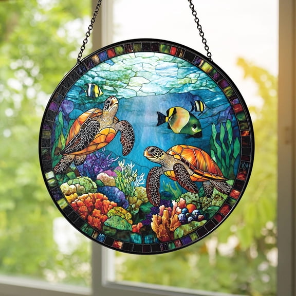 Sea Turtle Stained Glass Suncatcher Ocean Coral Reef Marine Life Window Hanging Glass Panel Coastal Beach House Wall Decor Home Decor