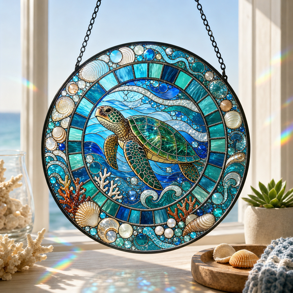 Sea Turtle Stained Glass Suncatcher for Window Hanging, Ocean Animal Gift