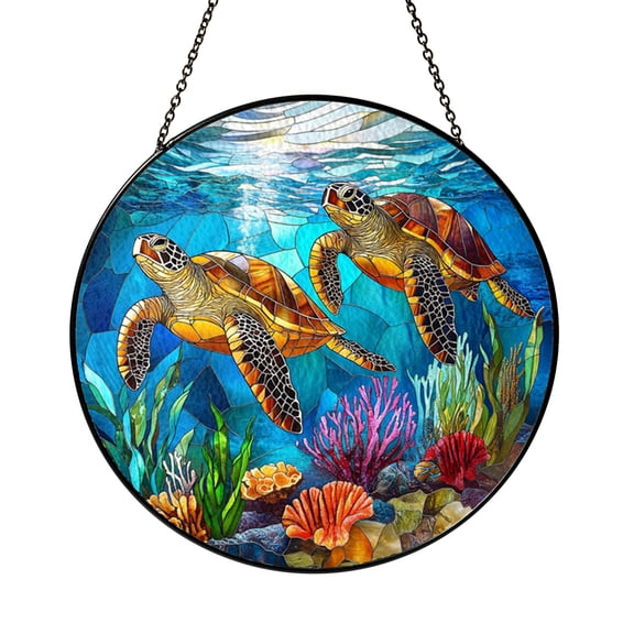 Sea Turtle Stained Glass Suncatcher with Gold Frame Accent, Ocean Window Hanging Decor for Coastal Inspired Home Gift
