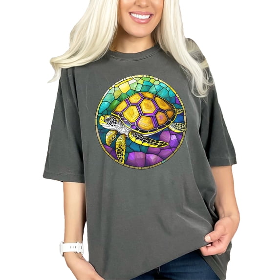 Sea Turtle Stained Glass T-Shirt, Colorful Turtle Art Tee, Vibrant Ocean Life T-Shirt, Unique Sea Animal Graphic Tee, Gift for Turtle Lovers, Pepper Comfort Colors T-Shirt, 2XL