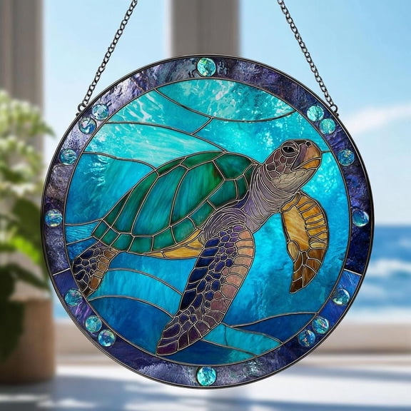 Sea Turtle Stained Glass Window Hanging - Ocean Animal Decor | Vibrant Colors | Tropical Beach House Art | Mother's Day Gift for Mom