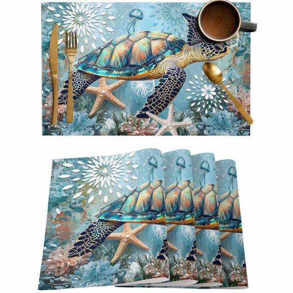 Sea Turtle Starfish Blue Ocean Placemats Set of 4,Wipeable Washable Table Mats for Dining Tables,Underwater World Flower Place Mats for Kitchen Event Party Tabletop Decor