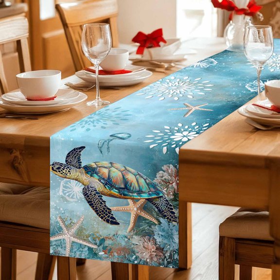 Sea Turtle Starfish Blue Ocean Table Runner 36 Inches Long,Kitchen Dining Tablerunners Underwater World Flower Linen Table Runners Dresser Scarves for Home Dinner Wedding Holiday Party Decor