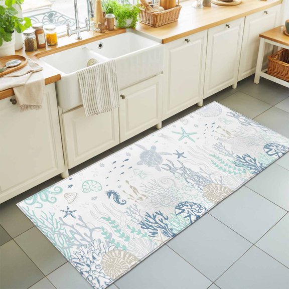 Sea Turtle Starfish Conch Coral Rectangle Area Rug 2x6ft,Living Room Rug Non-Slip Washable Circle Rugs Pad,Marine Life Blue Teal Soft Floor Carpet for Bedroom Dining Room