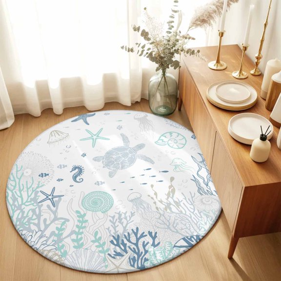 Sea Turtle Starfish Conch Coral Round Area Rug 3ft,Living Room Rug Non-Slip Washable Circle Rugs Pad,Marine Life Blue Teal Soft Floor Carpet for Bedroom Dining Room