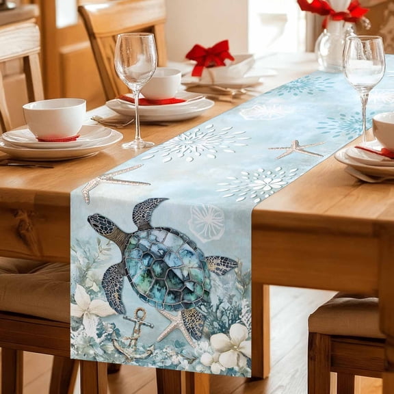 Sea Turtle Starfish Marine Life Table Runner 36 Inches Long,Kitchen Dining Tablerunners Coral Flower Underwater World Linen Table Runners Dresser Scarves for Home Dinner Wedding Holiday Party Decor