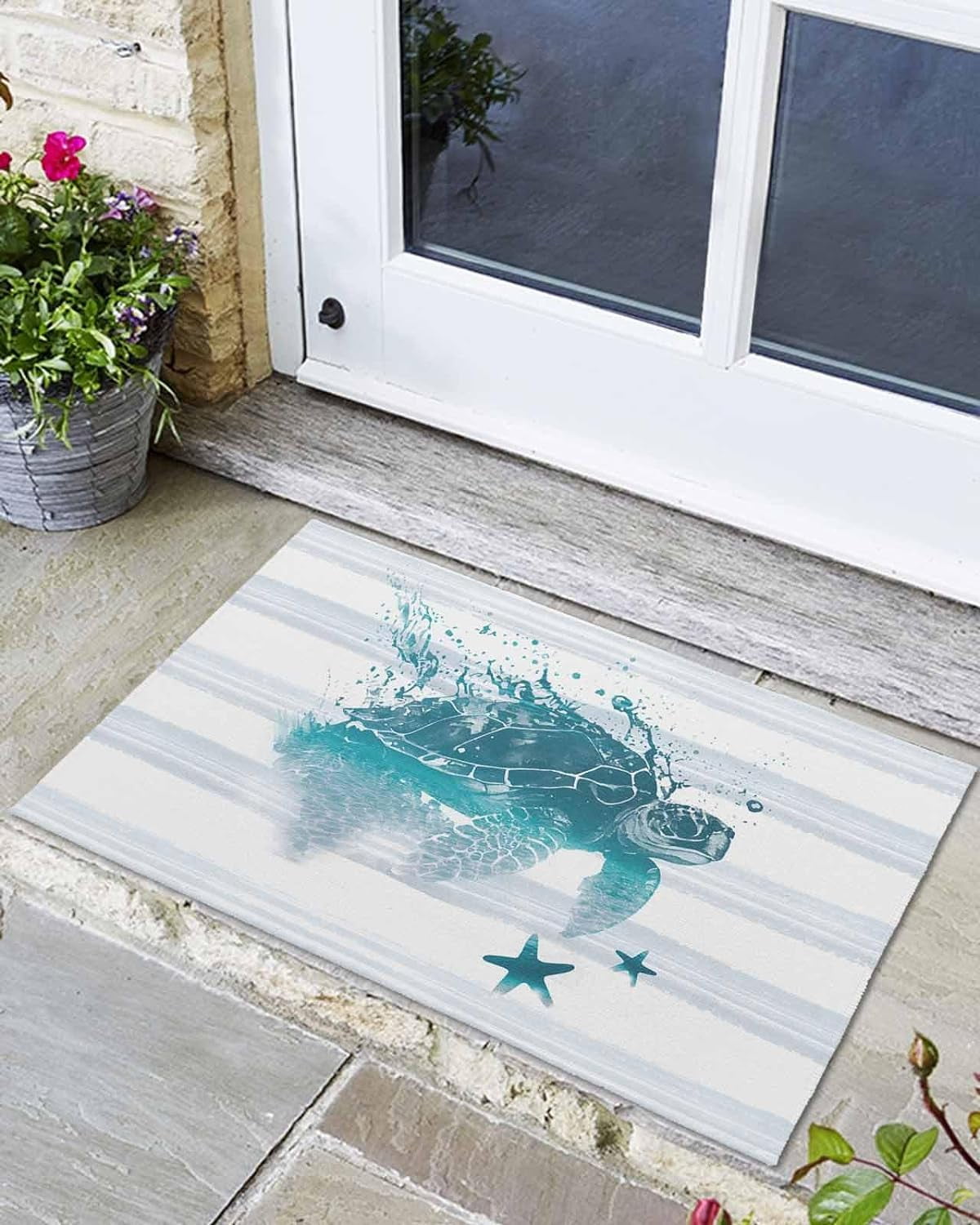 Sea Turtle and Starfish Ocean Life Front Door Mat, Non Slip Absorbent