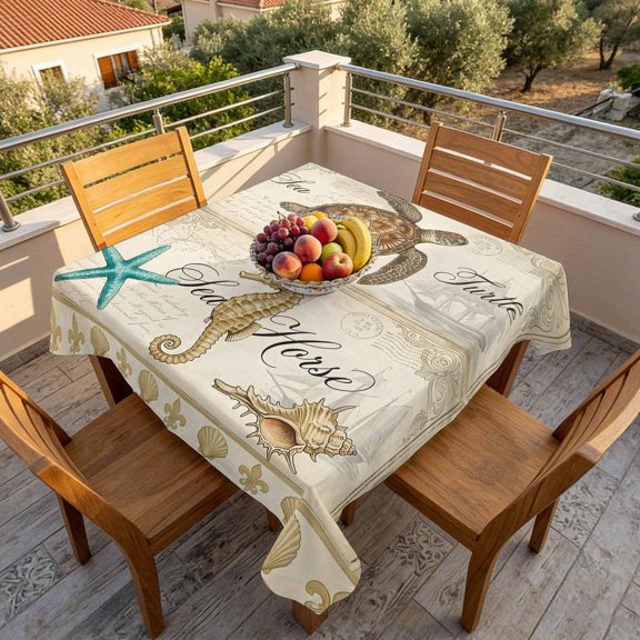 Sea Turtle Starfish Seahorse Table Cloth 60x60in, Waterproof Square Tablecloth Wipeable Tablecloths Retro Nautical Sailboat Theme Table Covers for Dining Tables Party Indoor Outdoor
