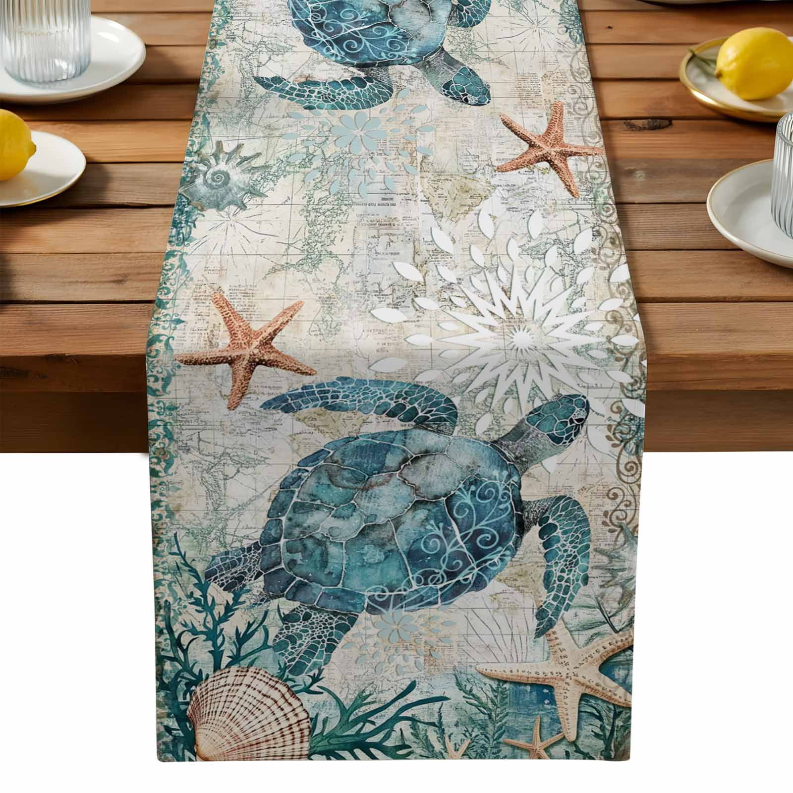 Sea Turtle Starfish Shell Coral Table Runners 13x90 Inches Long Linen ...