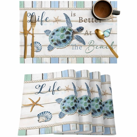 Sea Turtle Starfish Shell Placemats Set of 4,Wipeable Washable Table Mats for Dining Tables,Blue Wood Board Place Mats for Kitchen Event Party Tabletop Decor