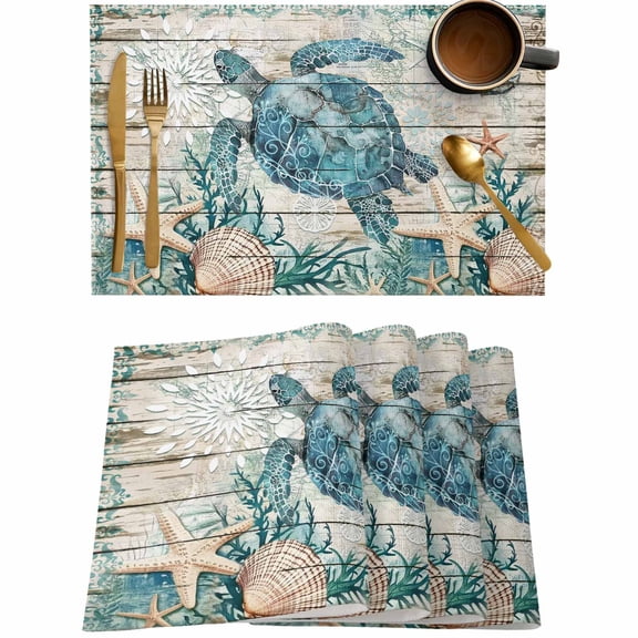 Sea Turtle Starfish Shell Placemats Set of 4,Wipeable Washable Table Mats for Dining Tables,Underwater World Retro Wooden Place Mats for Kitchen Event Party Tabletop Decor
