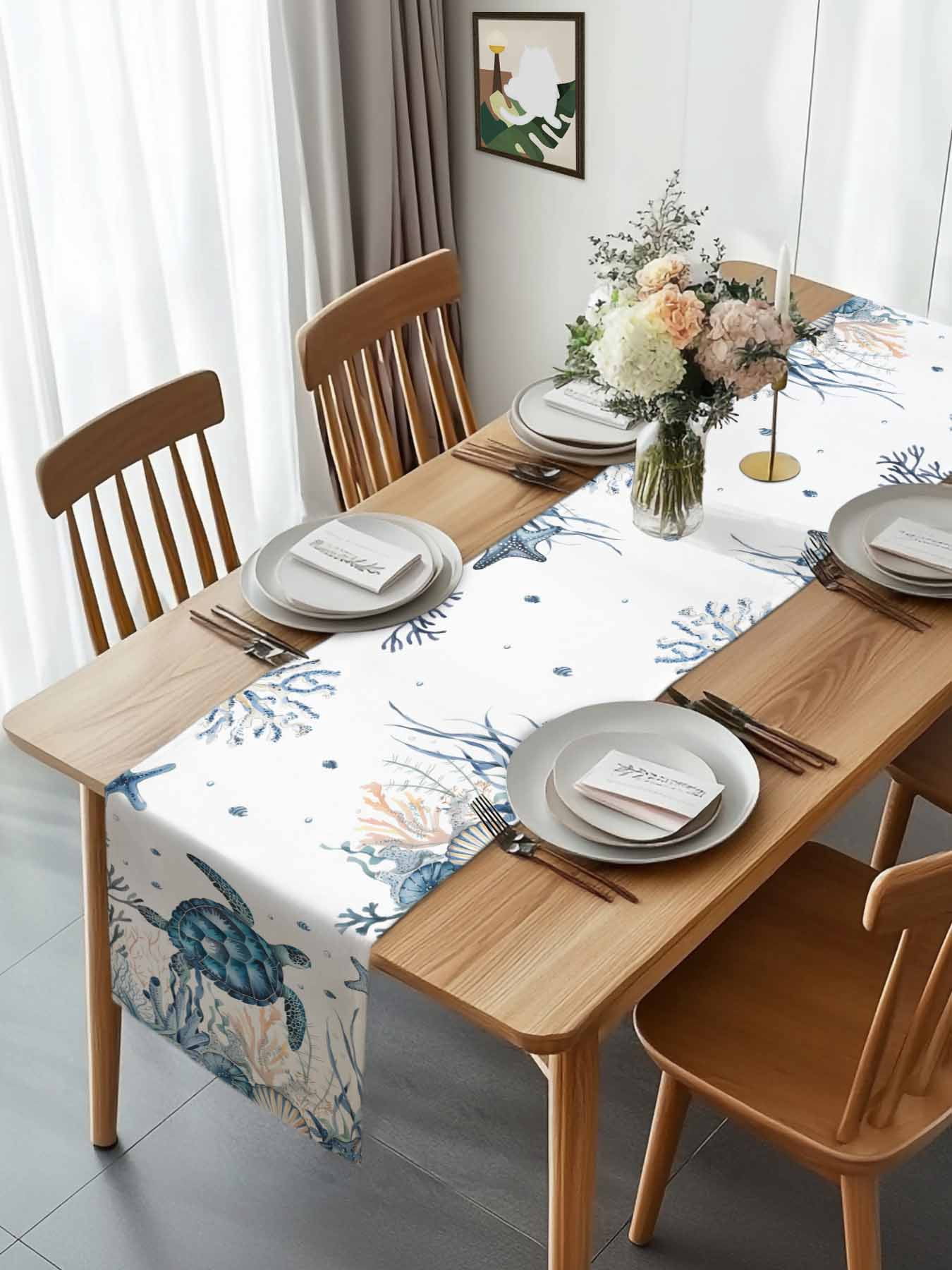 Sea Turtle Starfish Shell Seaweed Table Runner 90 Inches Long, Blue Ocean Marine Life Table Runners Tabletop Scarf Kitchen Dining Tables Decoration for Home Party Indoor Outdoor