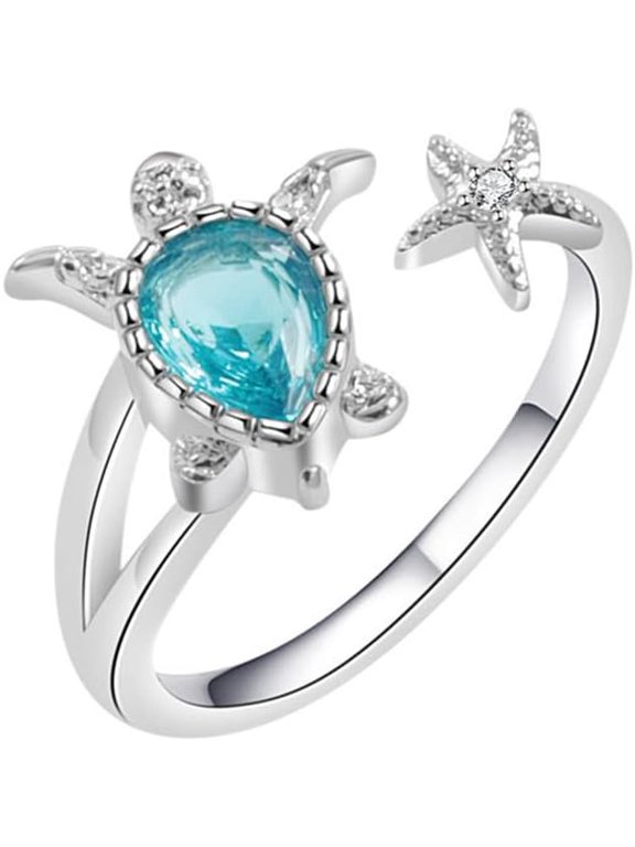 Sea Turtle Starfish Statement Ring Blue Cubic Zirconia Adjustable Open Crystal CZ Animals Pets Nature Ocean Rings Finger Band Eternity Wedding Engagement Cute Jewelry for Women