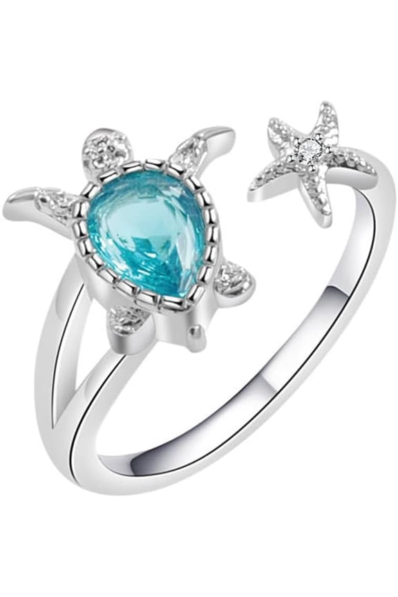 Sea Turtle Starfish Statement Ring Blue Cubic Zirconia Adjustable Open Crystal CZ Animals Pets Nature Ocean Rings Finger Band Eternity Wedding Engagement Cute Jewelry for Women