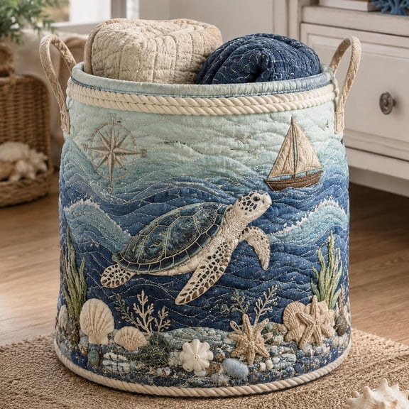 Sea Turtle Storage Basket, Custom Ocean Nursery Hamper for Baby Shower Gift, Coastal Kids Room Organizer, Marine Life Decor