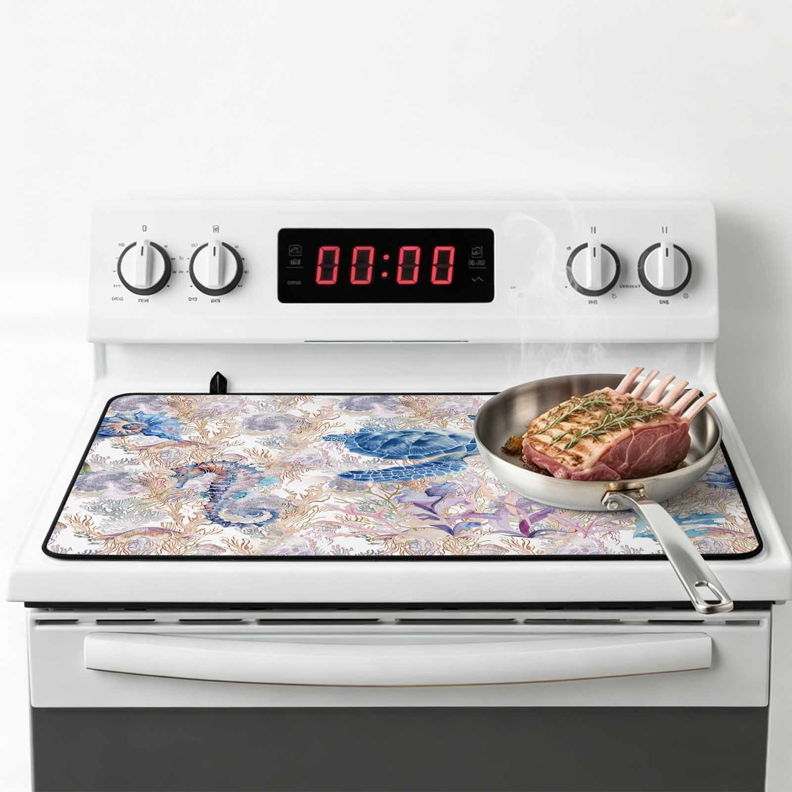 Sea Turtle Stove Top Cover for Electric Stove, Heat-proof & Non Slip Glass Top Stove Cover Protector, Summer Coastal Nautical Coral Seahorse Kitchen Flat Cooktop Rubber Mat 24x21 Inches