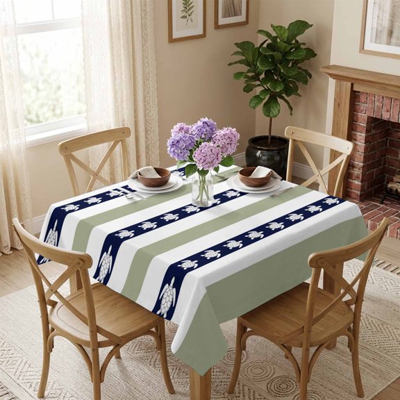 Sea Turtle Stripes Square Tablecloth 54x54 Inch Sage Green White Striped Waterproof Polyester Table Cover, Washable Stain Resistant Tablecloth for Dining Table Kitchen Wedding
