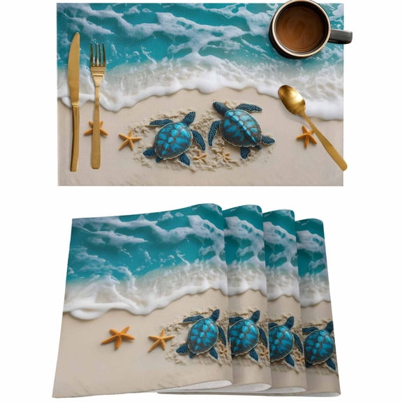 Sea Turtle Summer Beach Starfish Placemats Set of 4,Wipeable Washable Table Mats for Dining Tables,Teal Sea Water Ripple Place Mats for Kitchen Event Party Tabletop Decor