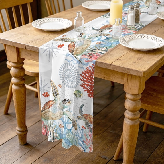 Sea Turtle Summer Marine Life 4.5ft Cheesecloth Table Runner for Dining 19"x55", Fish Coral Starfish Kitchen Dinner Sheer Tulle Chiffon Dresser Scarf, Holiday Party Decorations