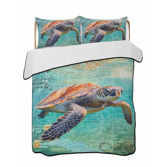 Sea Turtle Summer Quilt Set Full Size, Soft Microfiber Quilted Bedding Set with 2 Pillow Shams, Coastal Nautical Ocean Summer Beach Lightweight All Season Bedspread Coverlet for Bedroom 78"x90"