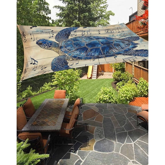 Sea Turtle Sun Shade Sail 6.5'X10' Vintage Retro Navy Blue Turtle Sheet Music Texture UV Block Outdoor Sail Shades Breathable Waterproof Rectangular Sunshade for Patio Garden Pool Pergola Porch