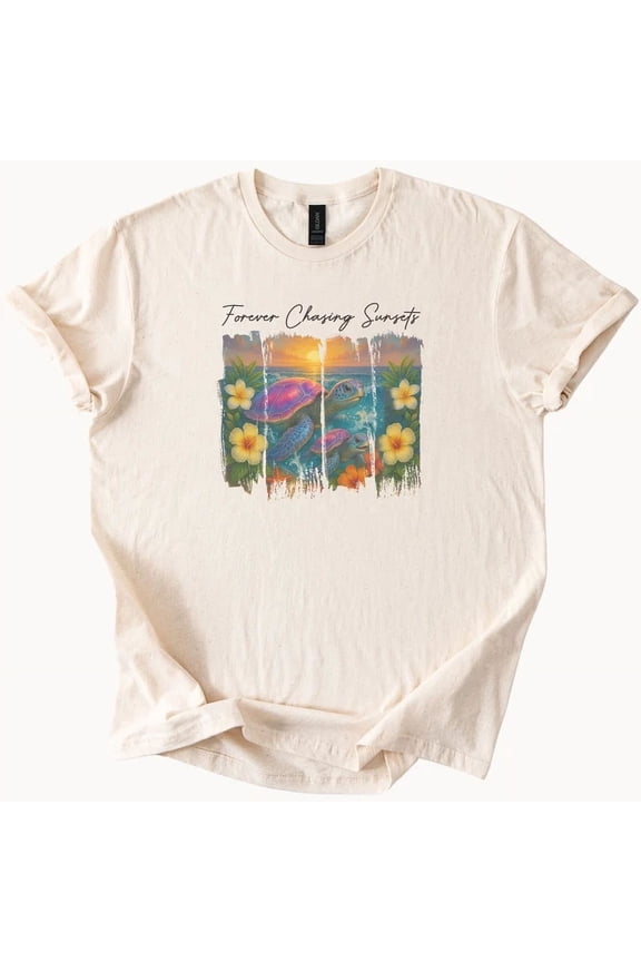 Sea Turtle Sunset Graphic T Shirt Ocean Hibiscus Beach Tee