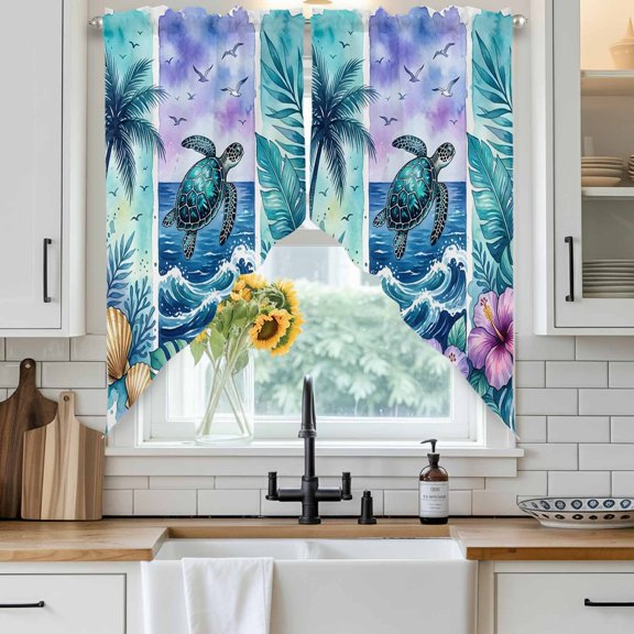 Sea Turtle Swag Curtain Valance for Windows, Nautical Tropical Ocean Beach Green Tree Leaf Flower Shell Window Treatments Short Swag Topper for Kitchen Windows Bathroom Bedroom, 28"x36"