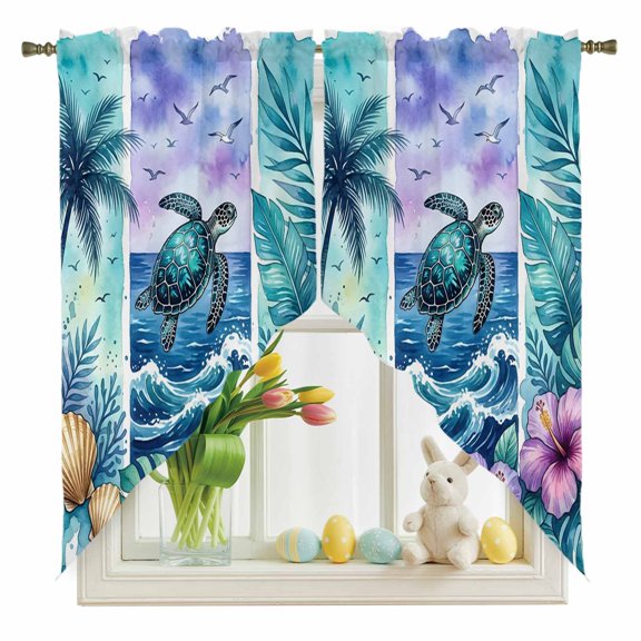 Sea Turtle Swag Kitchen Curtain Valances, Nautical Tropical Ocean Beach Green Tree Leaf Flower Shell Rod Pocket Curtains Window Treatment Decor Valances for Bedroom Bathroom, 2 Panels 28 x 36 Inch