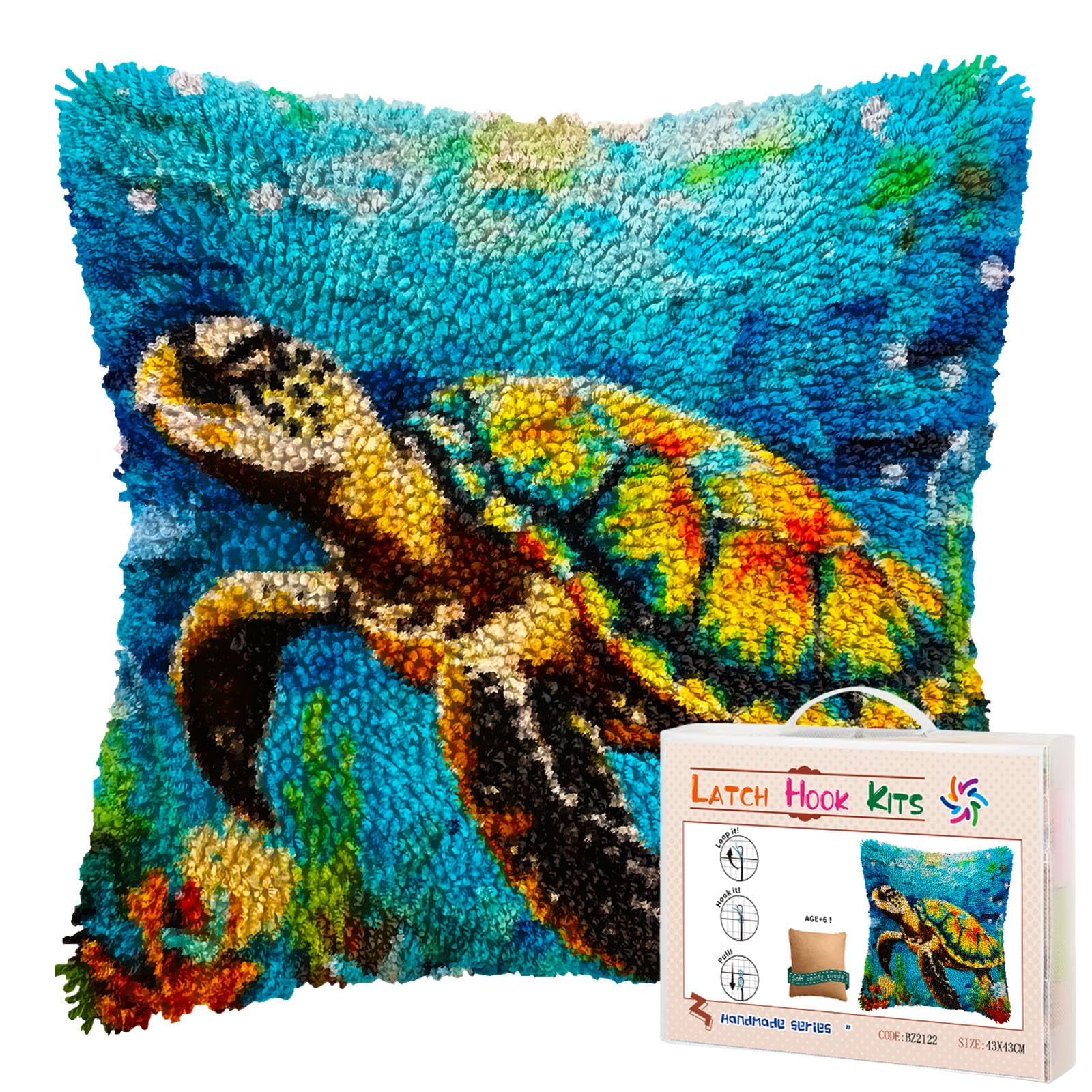 A Sea Turtle Swim DIY Latch Hook Pillow Kits for Adults Printed Pillowcase Crochet Yarns Hooking Handmade Pillow Cover Cushion for Home Sofa Decoration 17x17inch