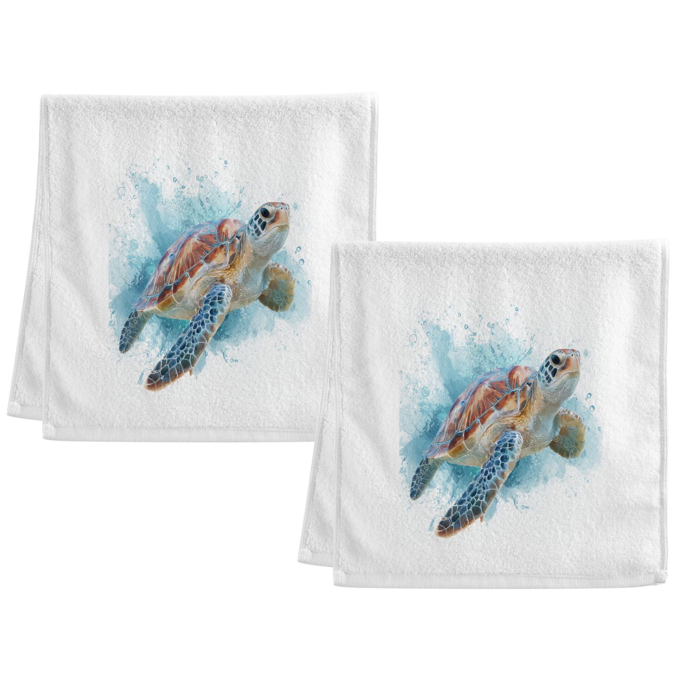 Sea Turtle Swim Watercolor Splash Style Pure Cotton Towels Bath Towel Quick Drying for Bathroom Beach Sports 16" x 30" Set of 2