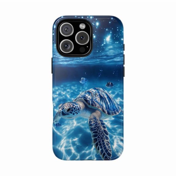 Sea Turtle Swimming Blue Night Waters Scenic Artistic Illustration Phone Case with iPhone 11 to 17 Pro Max
