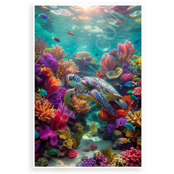 Sea Turtle Swimming Colorful Coral Reef Ocean Wildlife 12x18 US Made Poster