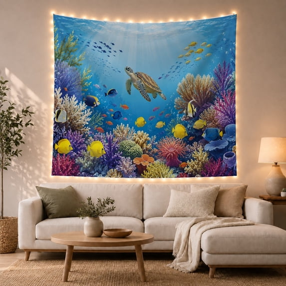 Sea Turtle Swimming in Coral Reef Underwater Scene, Serene Digital Art for Ocean Enthusiasts, Nautical Home Decor, Birthday Gift, Tapestry Wall Hanging for Living Room and Beach House