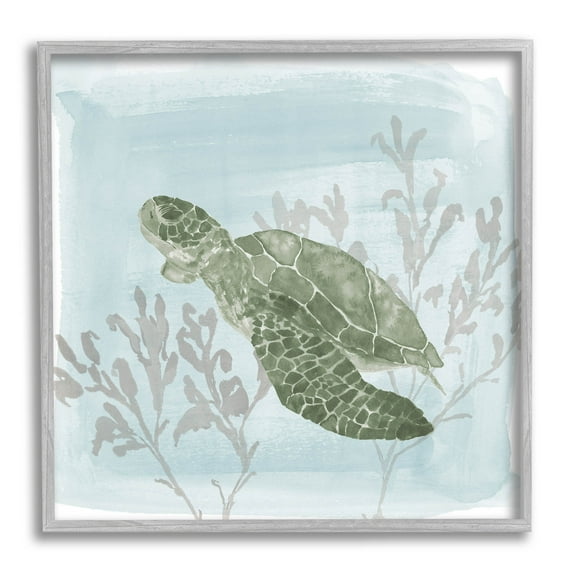 Sea Turtle Swimming Coral Scene Animals & Insects Graphic Art Gray Framed Art Print Wall Art