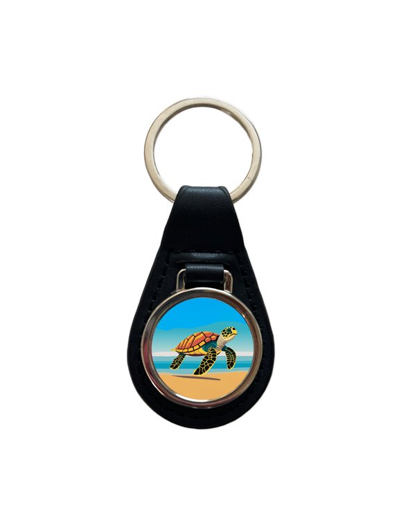 Sea Turtle Swimming Metal Black Leather Keychain