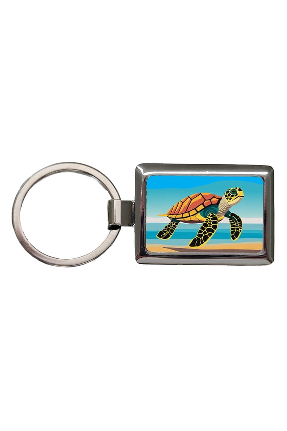 Sea Turtle Swimming Metal Rectangle Keychain