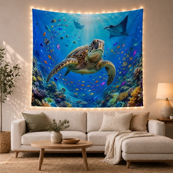 Sea Turtle Swimming With Tropical Fish Over Coral Reef, Serene Coastal for Ocean Lovers, Marine Life Wall Art Birthday Gift Tapestry Wall Hanging for Bedroom and Living Room
