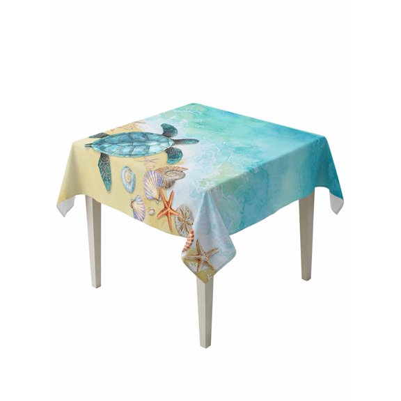 Sea Turtle Table Cloth 54x54 Inch Square, Summer Turquoise Ocean Watercolor Shell Conch Waterproof Tablecloth Washable Table Cover for Party Picnic Dinner Decor
