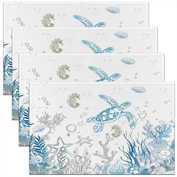 Sea Turtle Table Mats Placemat 12"x18" Ocean Placemats Set of 4 Reptile Tortoise Placemats for Dining Table Indoor Outdoor Kitchen Coastal Decor Table Place Mats,White Teal