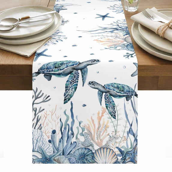 Sea Turtle Table Runner - 72 Inch Long, Kitchen Dining Table Runner Dresser Scarves, Ocean Coastal Coral Beach Summer Conch Farmhouse Decor for Coffee Tables Wedding Party Banquet